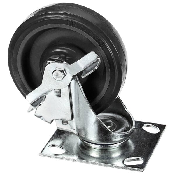 A black rubber swivel caster with a metal plate.