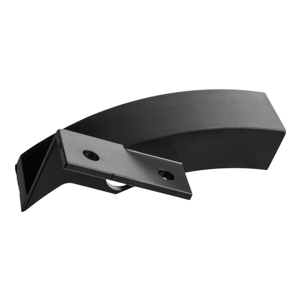 A black, curved metal or plastic component with two holes for mounting, likely a cover or guard for machinery.