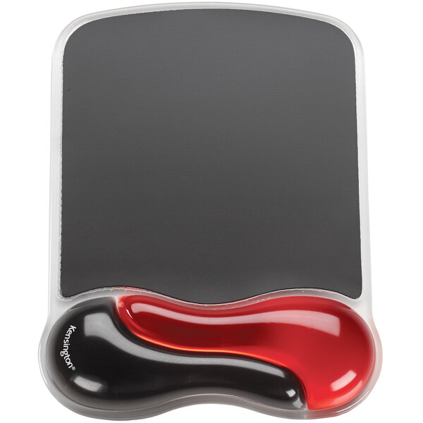 A black mouse pad with red gel wrist support.