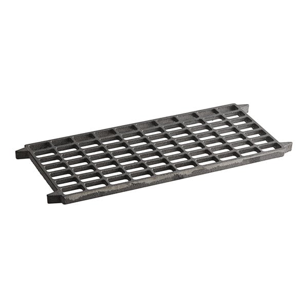 A grey metal lava rock grate with a grid pattern.