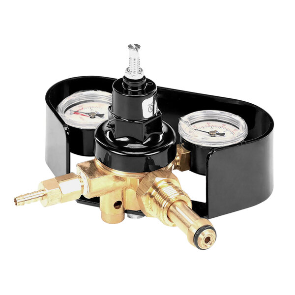 a black and gold gas regulator with gauges