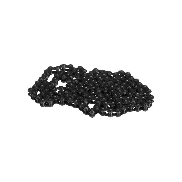 A close-up of a black Star roller chain with 138 teeth on a white background.