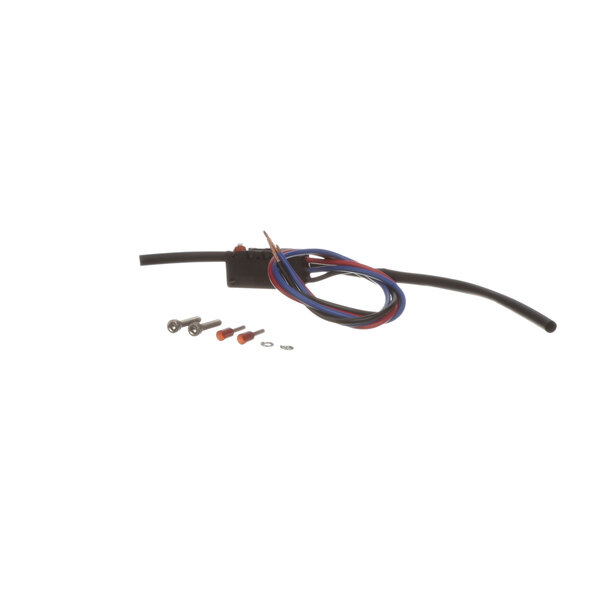 A Globe X80J35-1 microswitch with red, blue, and black wires.