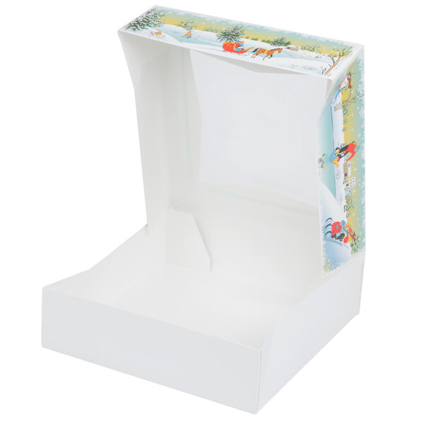 A white Auto-Popup Window Pie / Bakery box with a cartoon ice skating design on it.