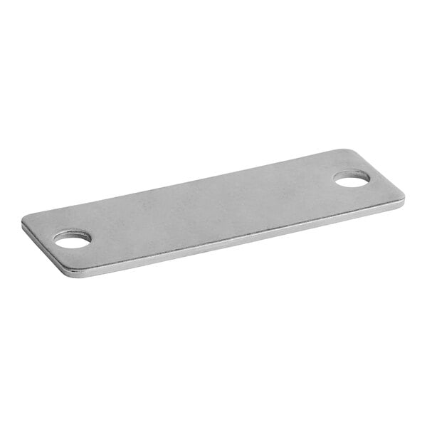 A silver rectangular metal spring retaining strap with holes.