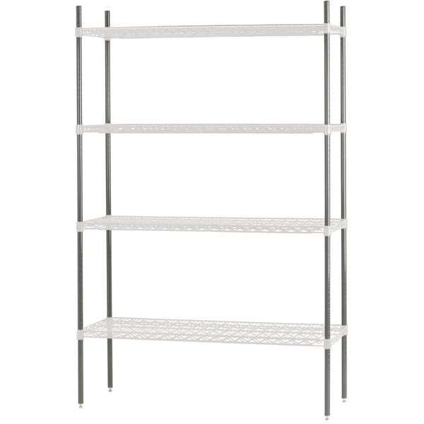 A white metal Advance Tabco shelving unit with four shelves and chrome posts.