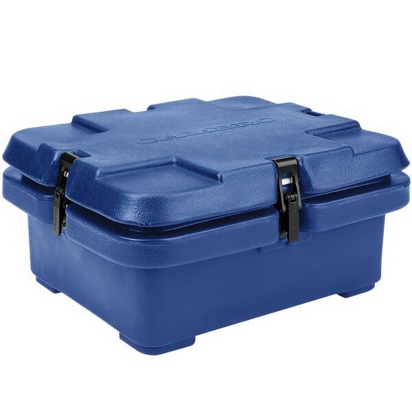 A navy blue plastic Cambro Camcarrier with black handles.