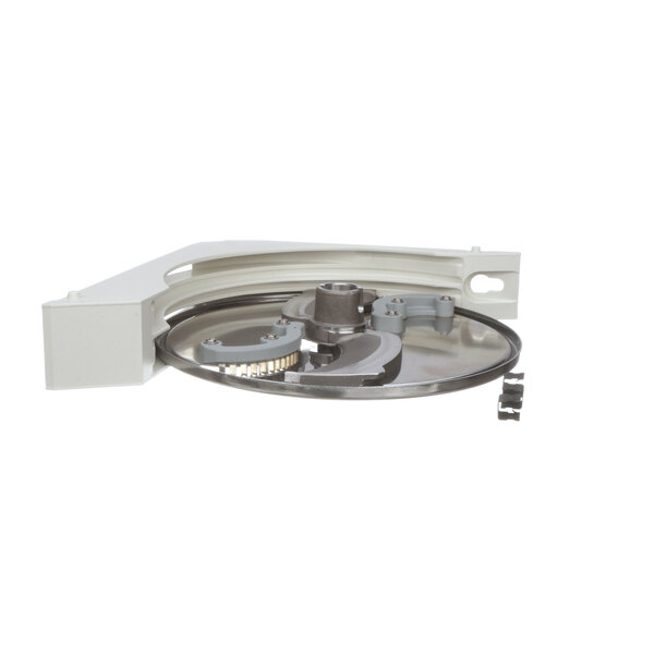 An Electrolux silver and white circular shredding disc with S-blades.