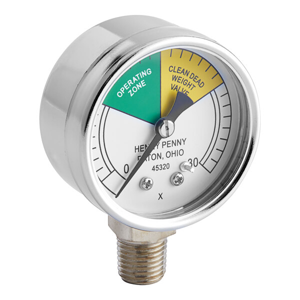 A close-up of a Henny Penny pressure gauge with yellow and green dials.