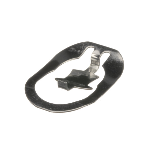 A black metal Henny Penny clip with a small hole in it.