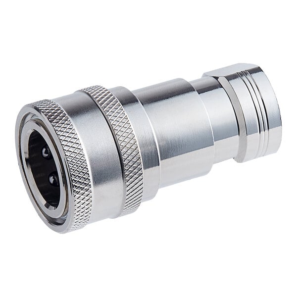 A close-up of a stainless steel Henny Penny female disconnect connector.