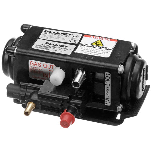 A black Lancer syrup pump with red and white labels.