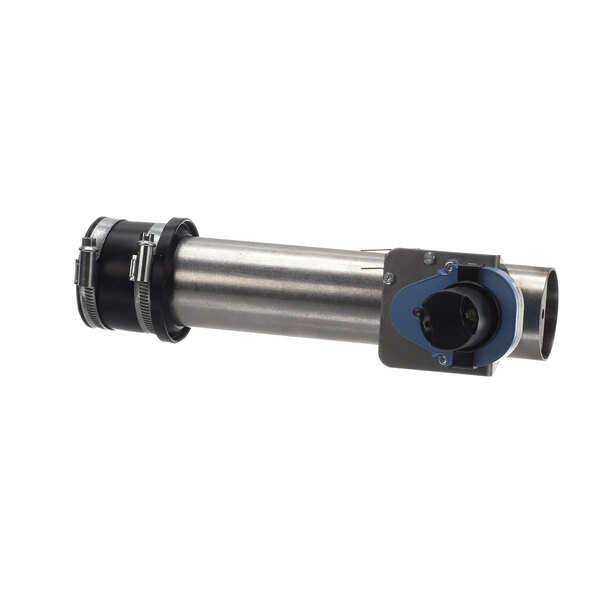 A metal and plastic cylinder with a blue handle, a metal tube with a hole.