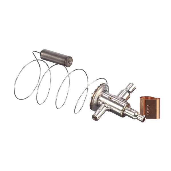 A Manitowoc Ice expansion valve with a metal ring and spring.