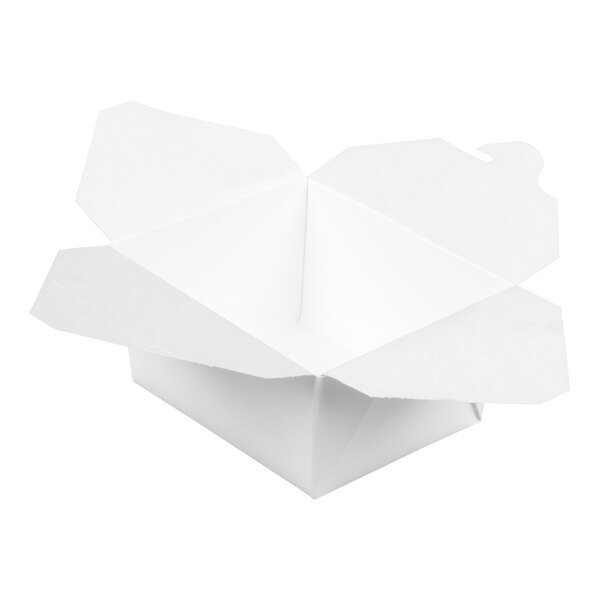 A white microwavable paper take-out container with its flaps open.