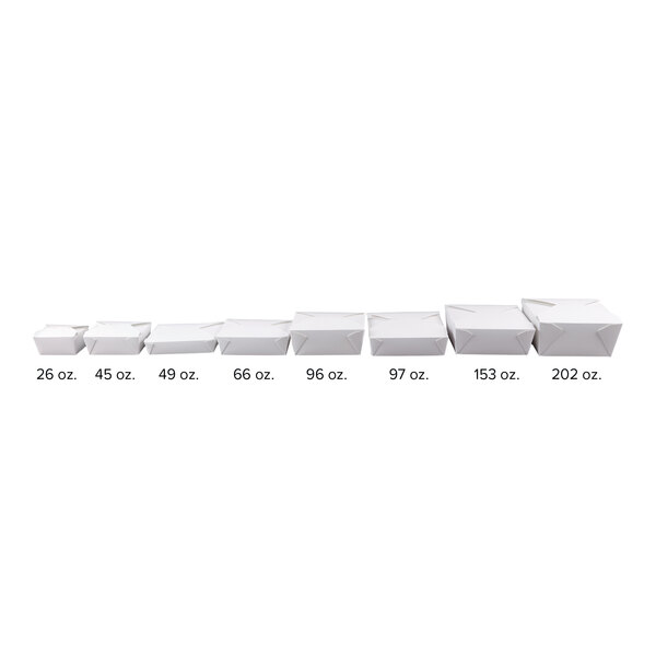 A set of white microwavable paper take-out containers in various sizes, ranging from 26 oz. to 202 oz.