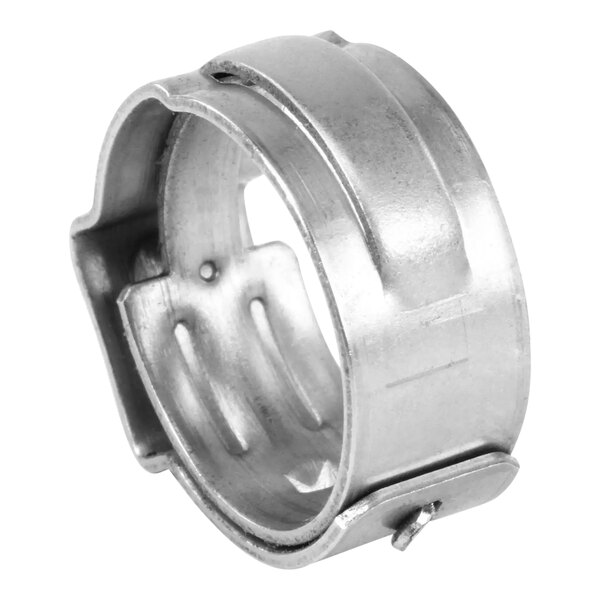 A silver metal Oetiker clamp with a hole.