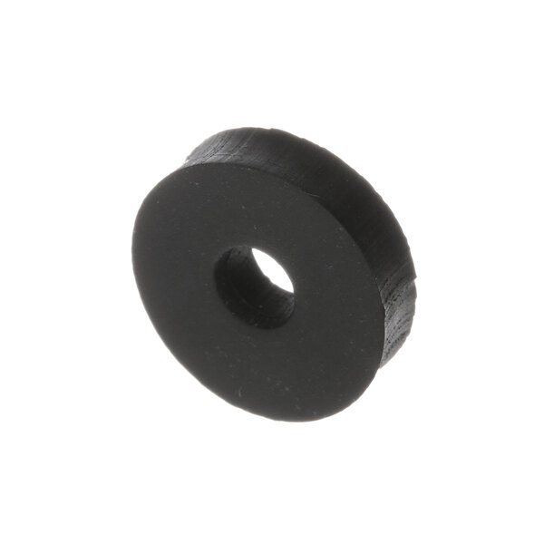 A black round rubber washer with a hole in the middle.