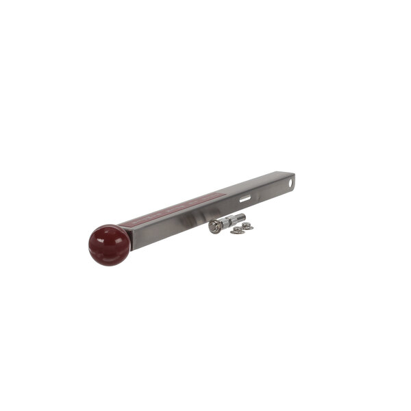 A metal bar with a red ball on one end and screws.