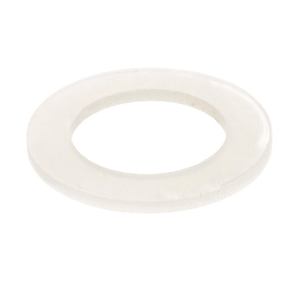 A white round plastic gasket with a hole in the middle.