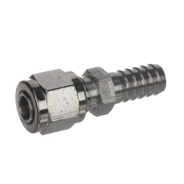A stainless steel threaded hose adapter with a metal nut.