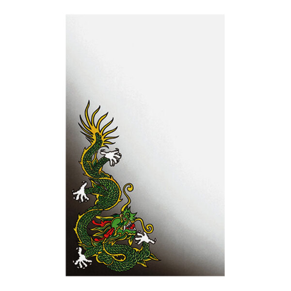 A rectangular sheet of menu paper featuring an Asian-themed dragon design in the bottom left corner.