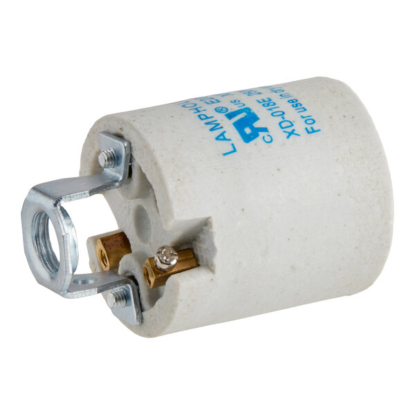 A cylindrical ceramic lamp socket with metal mounting hardware and electrical terminals visible on one end.