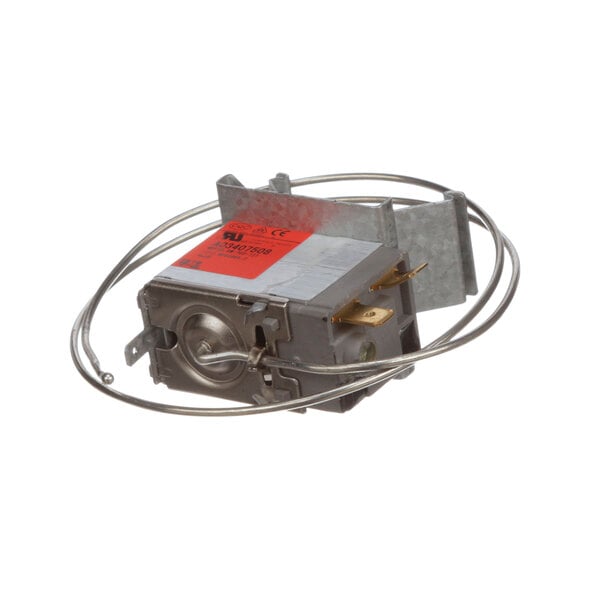 A Norlake temp control thermostat with wires attached to it.