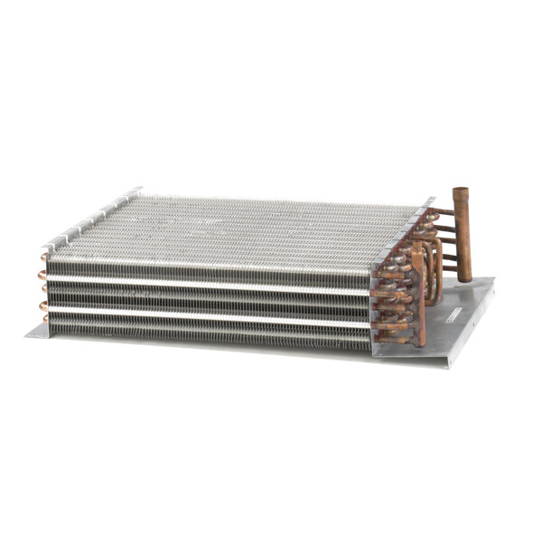 A metal evaporator coil with copper pipes.