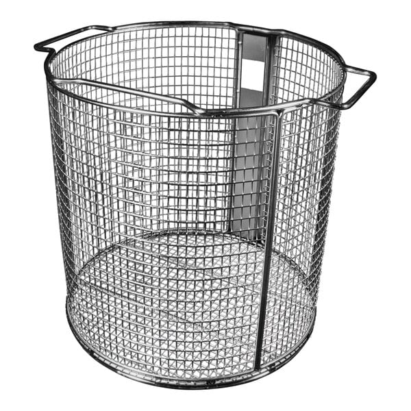 A Giles stainless steel fryer basket with a handle.