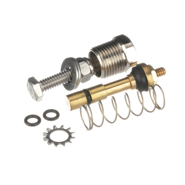 A brass and stainless steel spring and washer for an Ecolab pre-rinse faucet.
