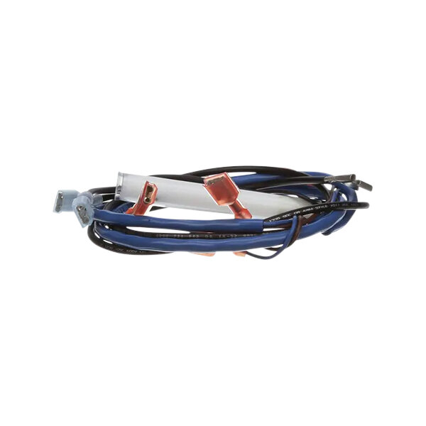 A blue and white cable with two wires attached to a bunch of wires.