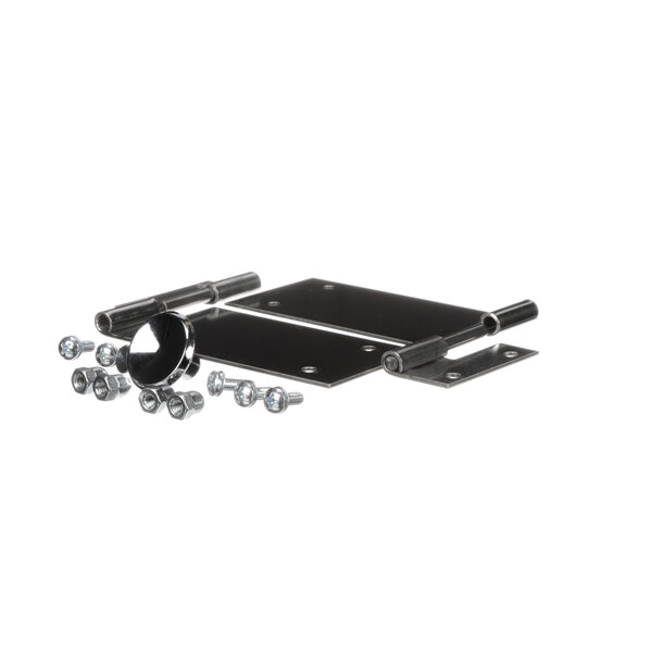 A black metal plate with screws and bolts.
