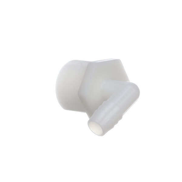 A close-up of a white plastic Lancer elbow pipe fitting.