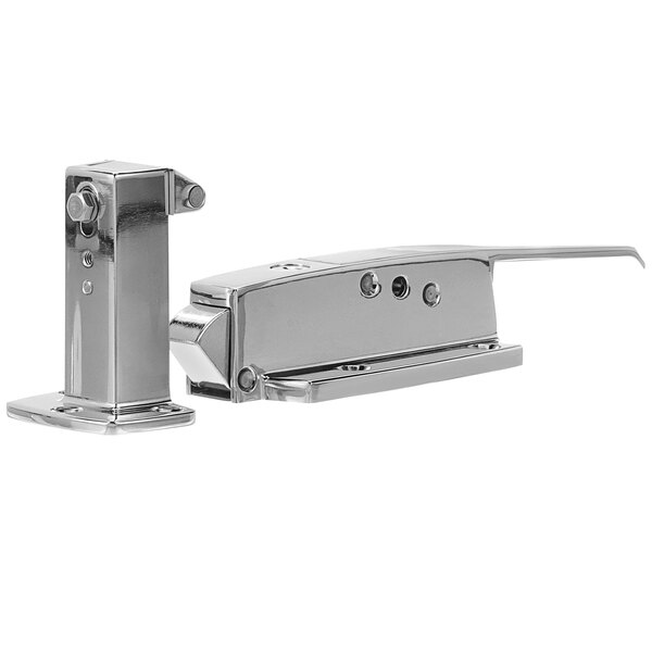 A silver chrome latch with a key lock on a rectangular metal piece.