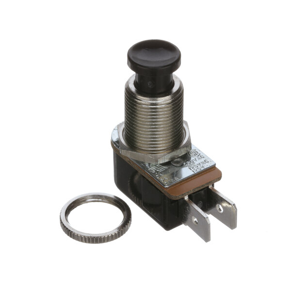 A close-up of a black Wilbur Curtis push button switch with a ring.