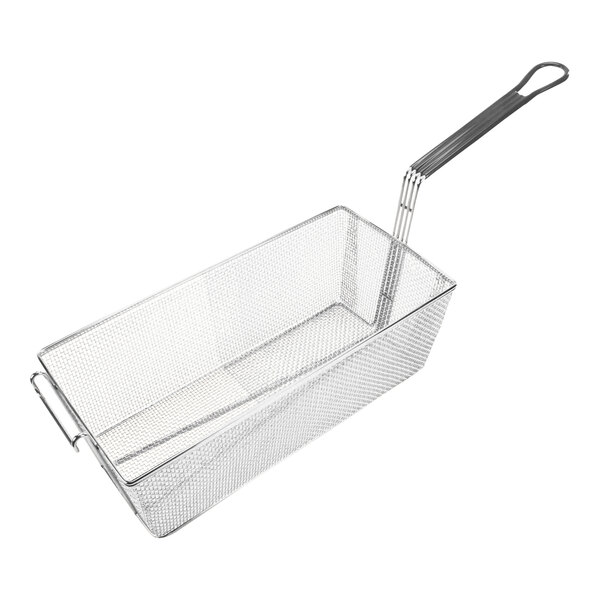 A stainless steel Pitco fry basket with a handle.