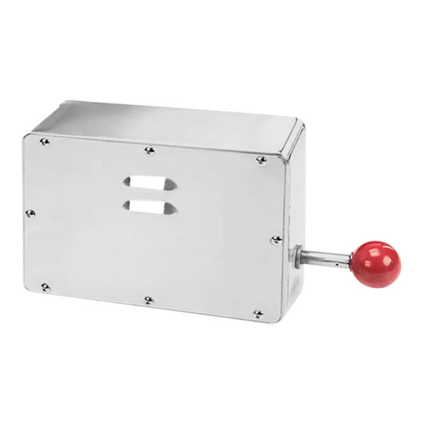 A silver rectangular metal box with a red button on top.