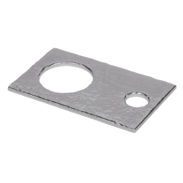 A silver rectangular metal plate with a hole in it.