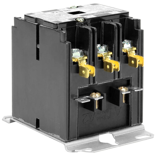 An APW Wyott 3 pole contactor, a black electrical device with gold and silver metal parts.