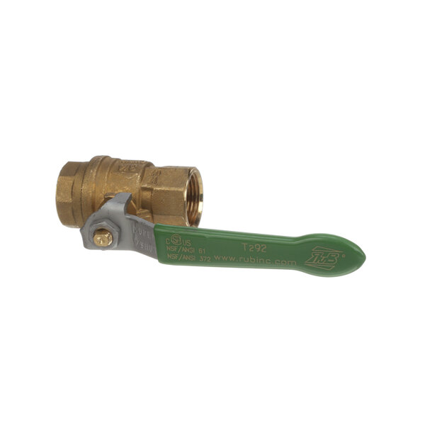 A brass Gaylord ball valve with a green handle.