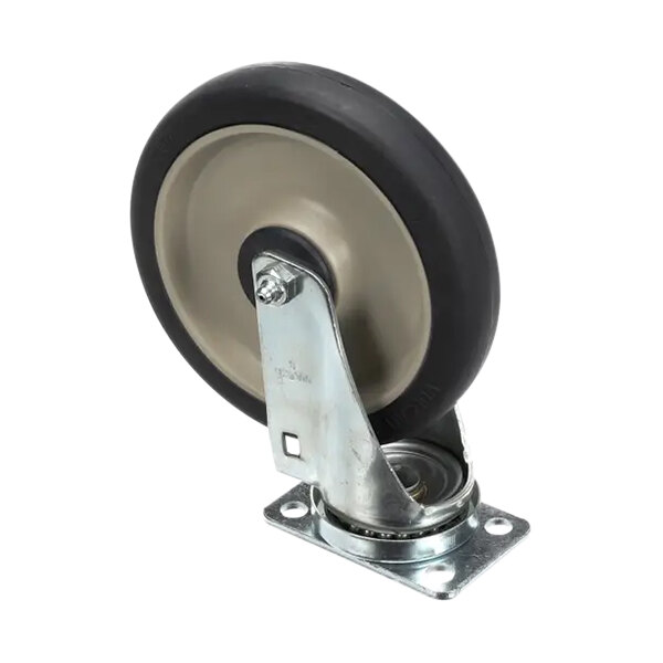 A Caddy swivel plate caster with a black and silver wheel.