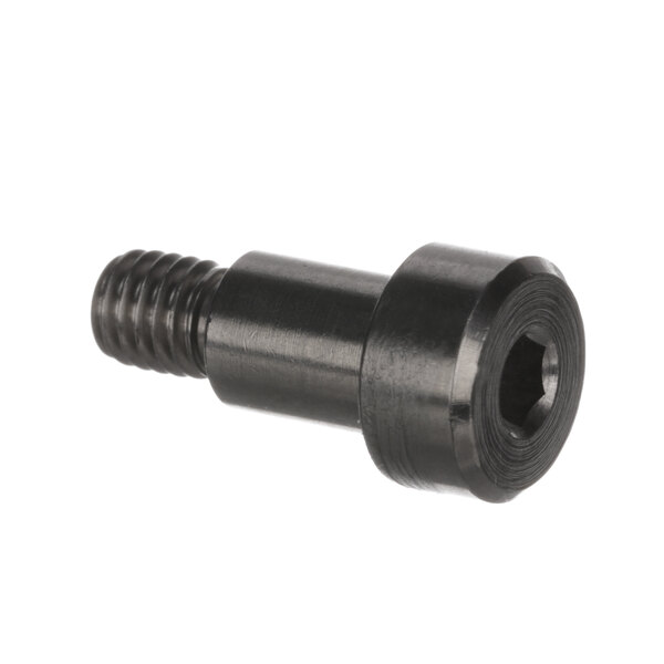A close-up of a black screw with a hexagon head.
