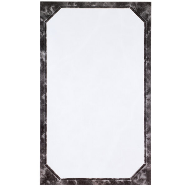 A rectangular white paper with a black marble border.