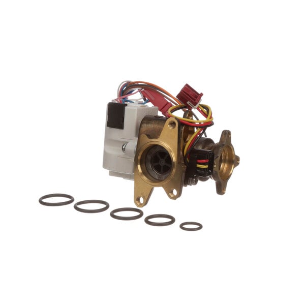 A Rinnai water flow valve kit with a mechanical device, hose, and washer.