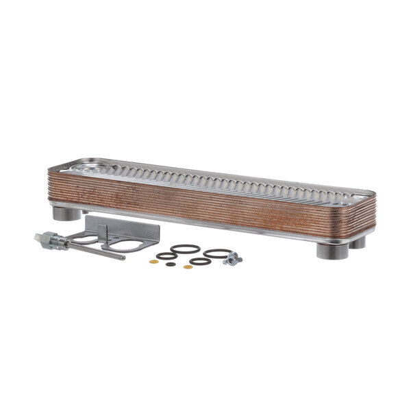 A Rinnai plate exchanger on a table with metal pipes and a metal sink drain.