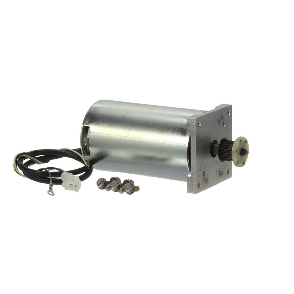 A Multiplex shaver motor with a pulley and magnet, attached to a metal cylinder with wires and screws.