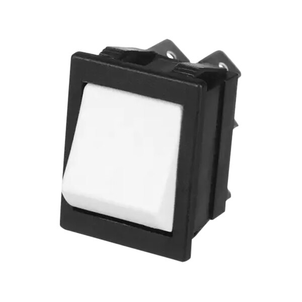 A black Alliance Laundry momentary rocker switch with a white square button.