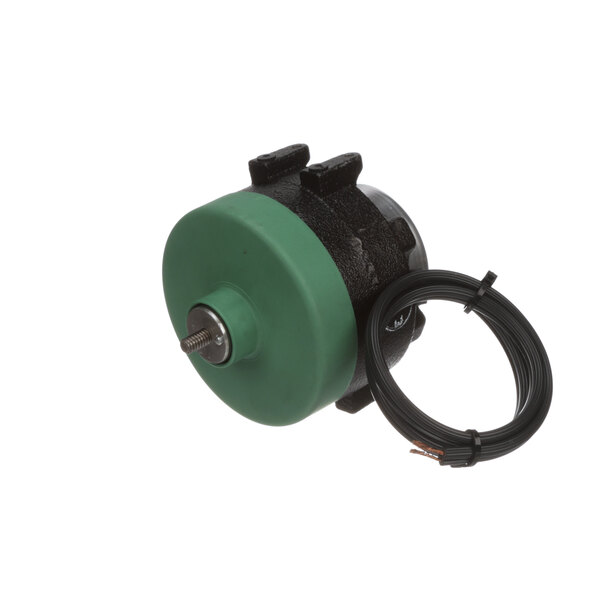 A close-up of a Glastender evaporator fan motor with a green and black cable.