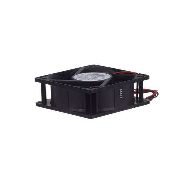 A black square Glastender fan motor with wires.